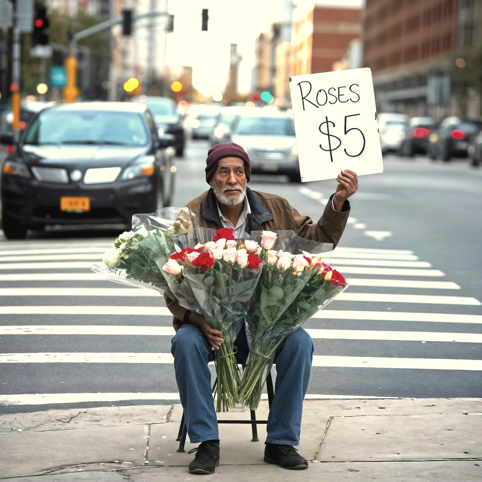 Homeless Man Selling Roses: A Photorealistic Image