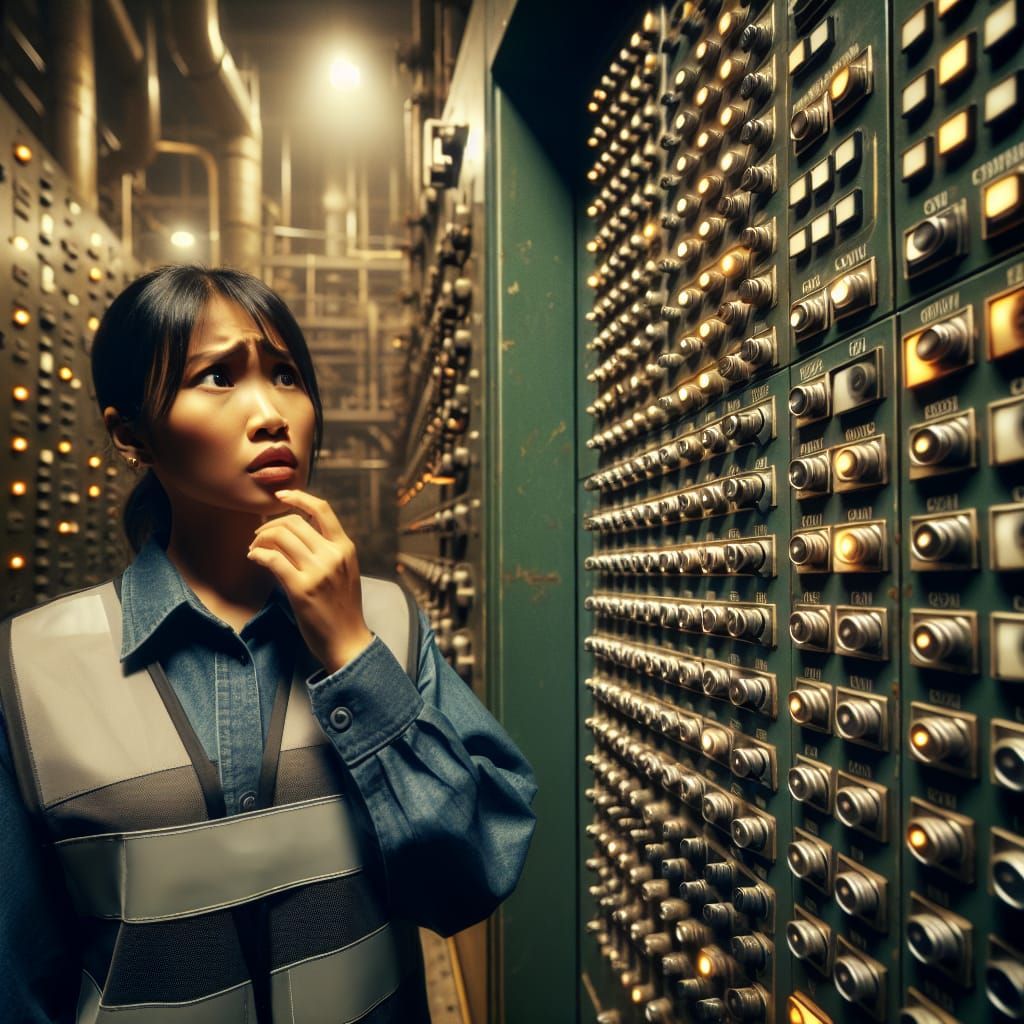 Perplexed Worker at Complex Control Panel