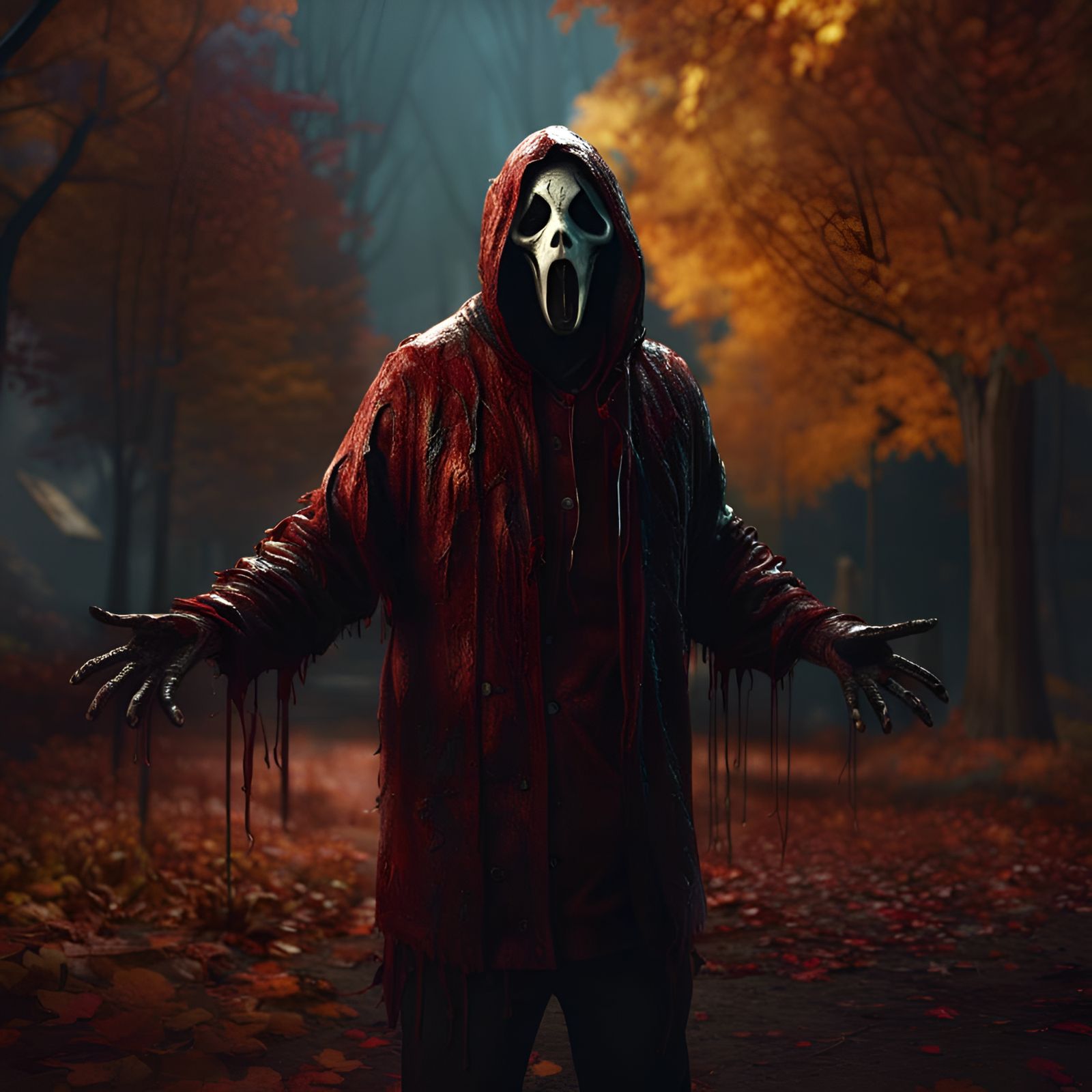 Terrifying Ghostface in Fall: A Horror Matte Painting
