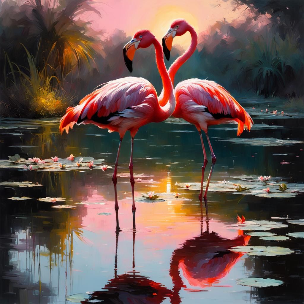 Pink Flamingos in Pond: Matte Painting
