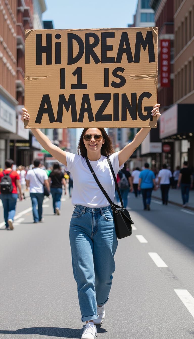 Woman Holds Sign in City Street, Illustrative Style