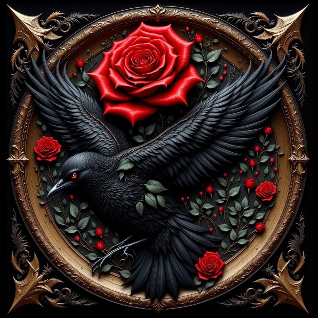 Crimson Rose and Raven Amidst Starry Night