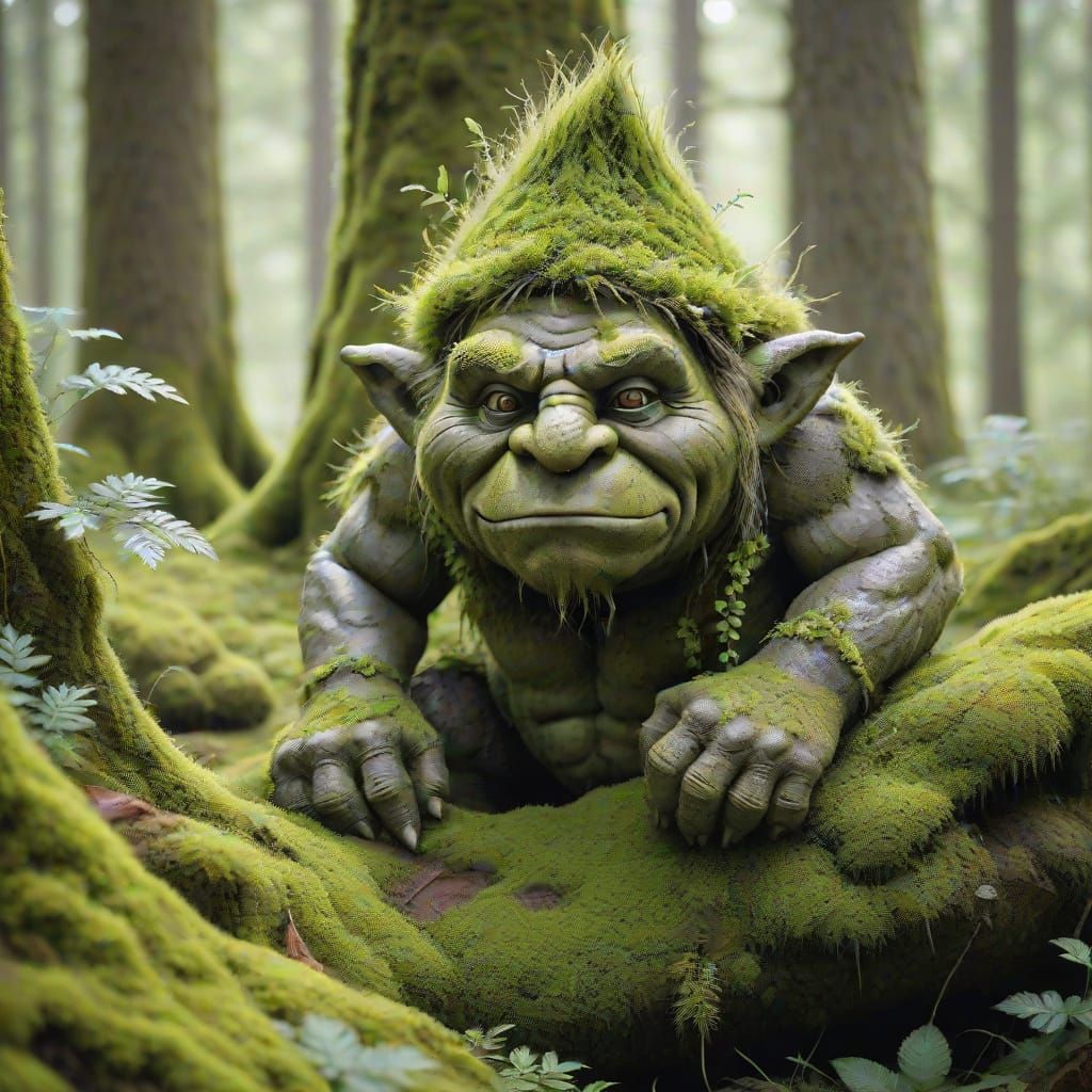 Moss-Covered Scandinavian Troll Hiding in Forest