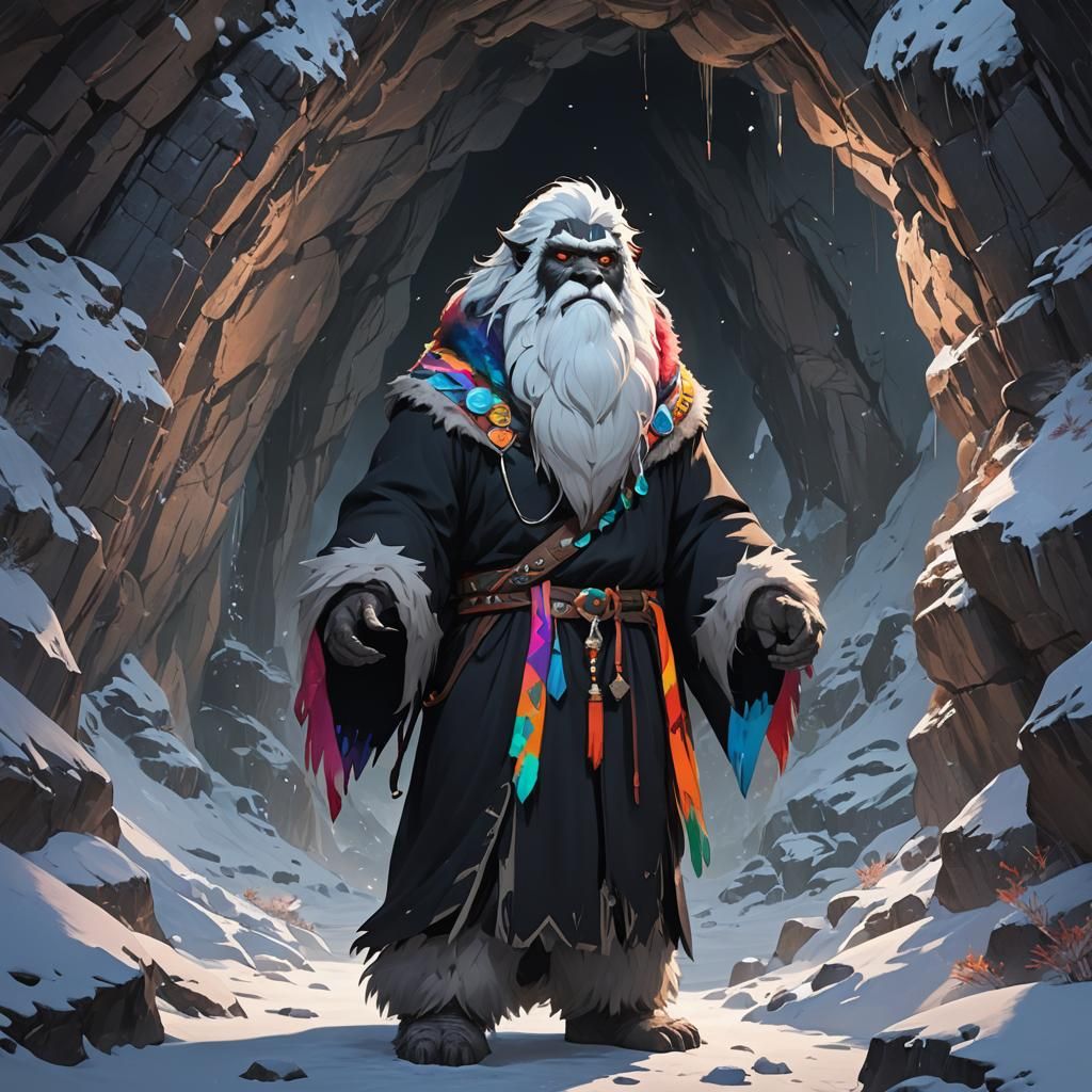 Yeti Druid in Snowy Cave Entrance, 3D Anime Art