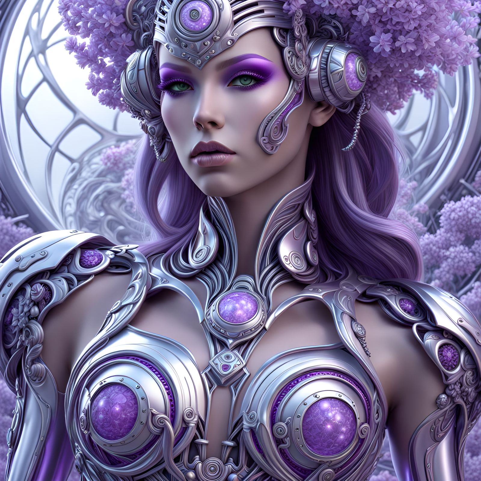 Silver Lilac Cyborg Woman in Art Nouveau Style