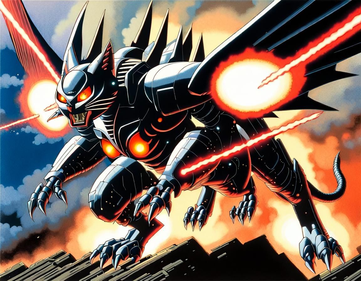 Winged Feline Mechanical Kaiju in Airbrush Art Style