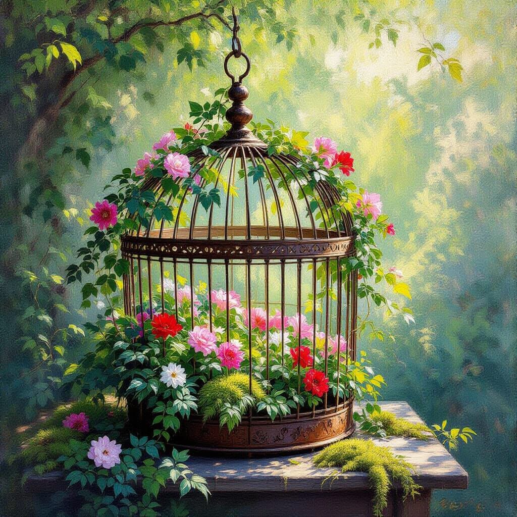 Impressionist Birdcage Overgrown with Nature's Beauty