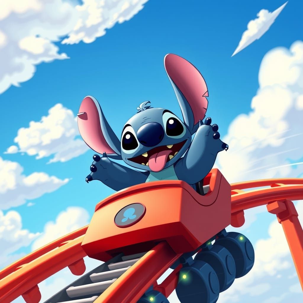 Stitch Riding a Roller Coaster in Animated Style