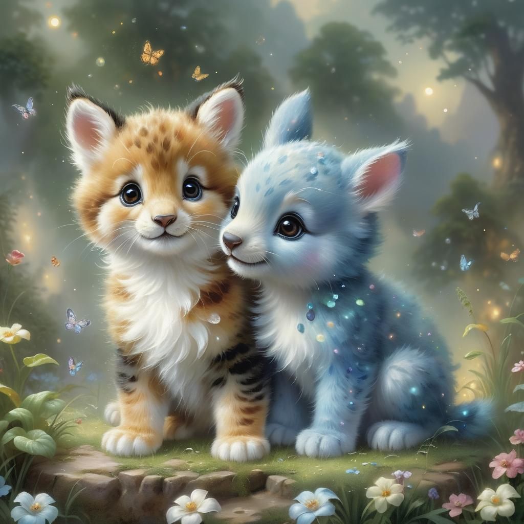 Adorable Baby Animals Play in Ethereal Fantasy