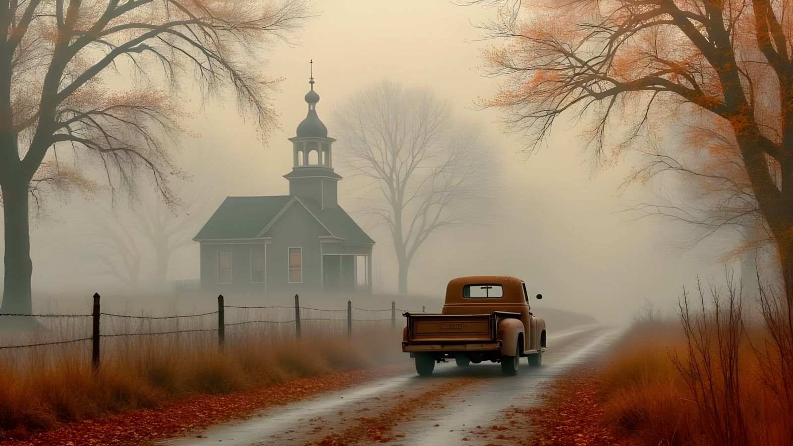 Autumn Pickup Truck on Foggy Country Road