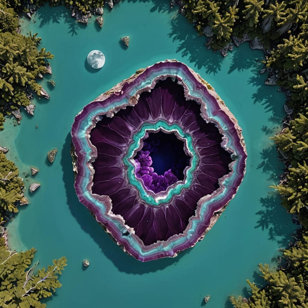 Giant Purple Geode in Turquoise Water Under Moonlight