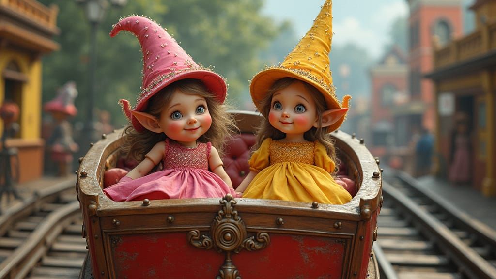 Whimsical Munchkin Duo Rides Vintage Roller Coaster in Dream...