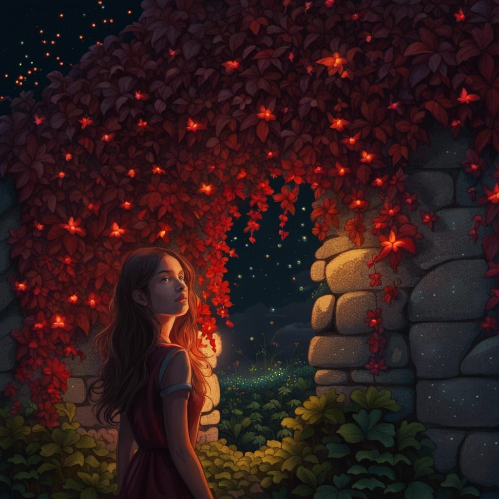 Glowing Red Ivy and Fireflies at Night