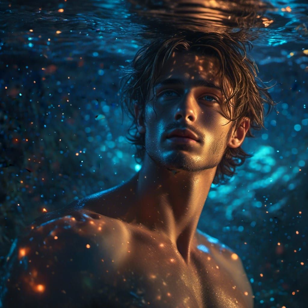 Bioluminescent Waters: Charming Man in Surreal Nightscape