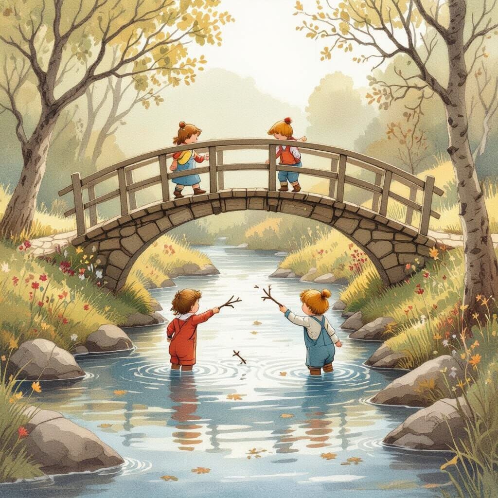 Children Playing by Stream in Picture Book Style
