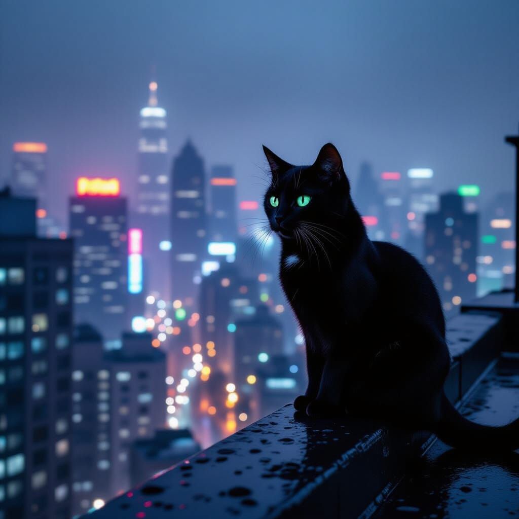 Black Cat on Fire Escape Over Neon Cityscape