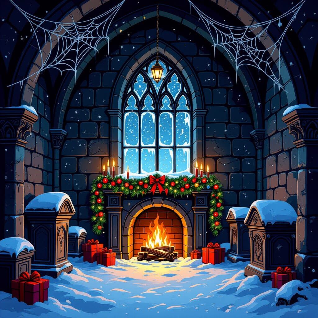 Cozy Christmas Crypt Scene Illustration Wallpaper