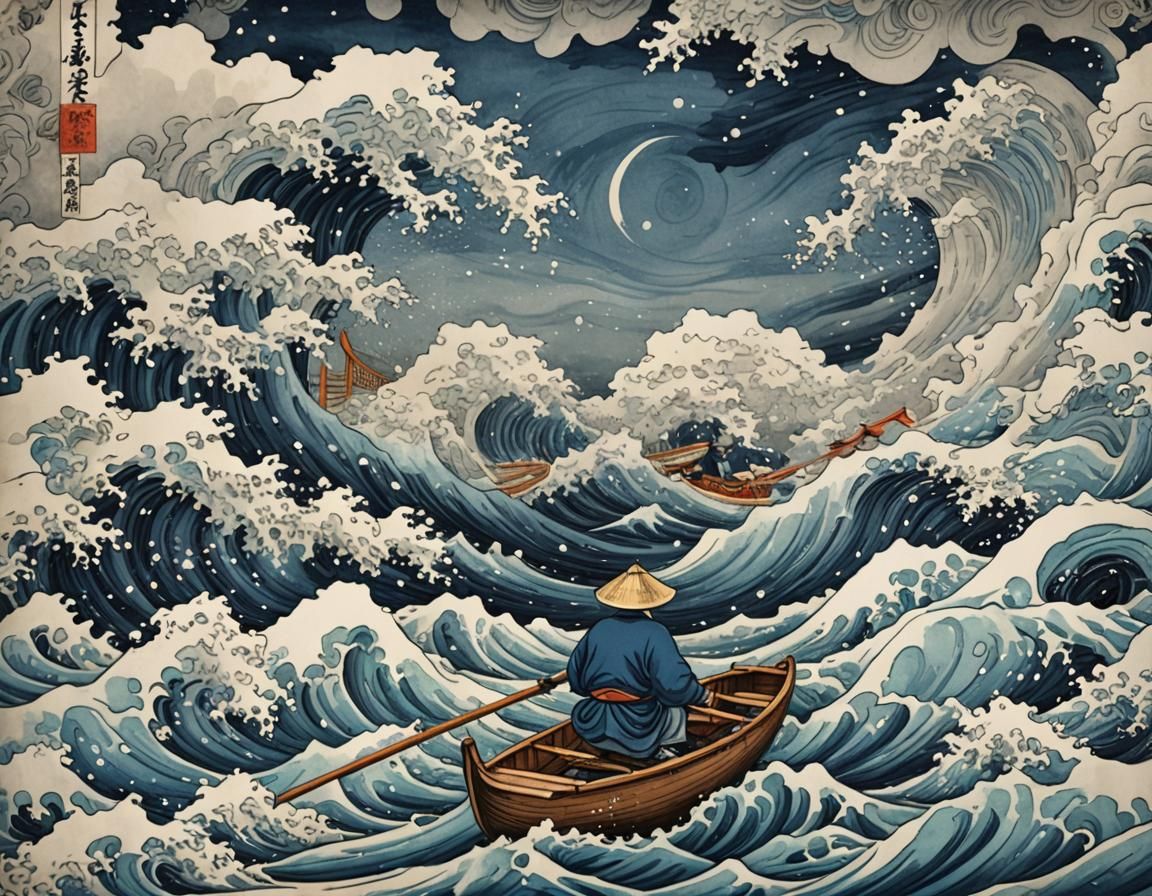 Hokusai-Inspired Rowboat Navigating a Maximalist Storm