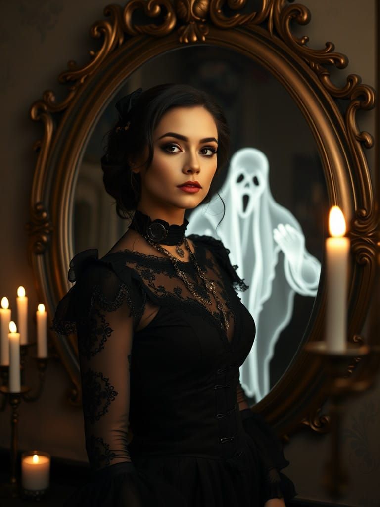 Steampunk Gothic Beauty Sees Ghostly Reflection