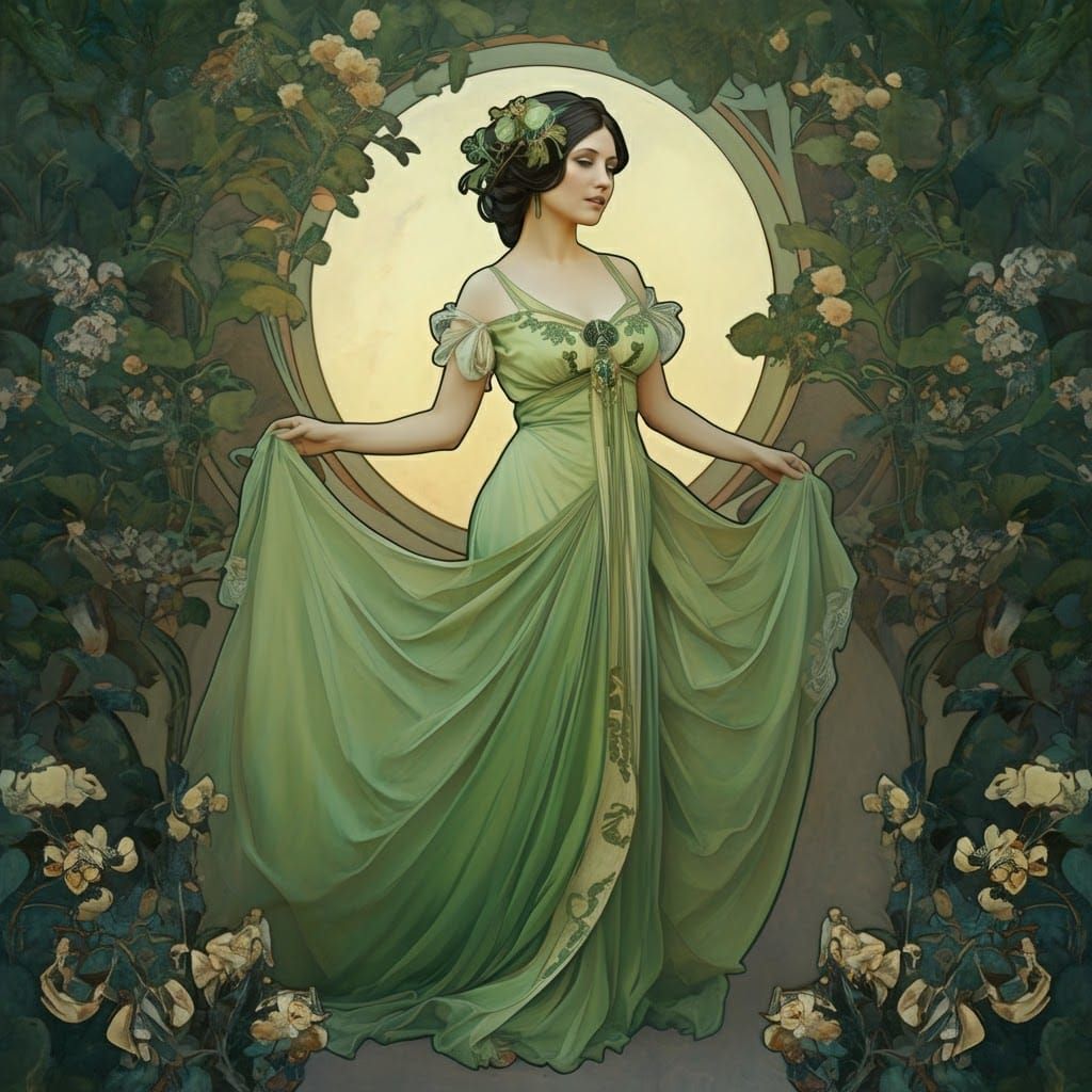 Woman in Green Gown in Moonlit Art Nouveau Garden
