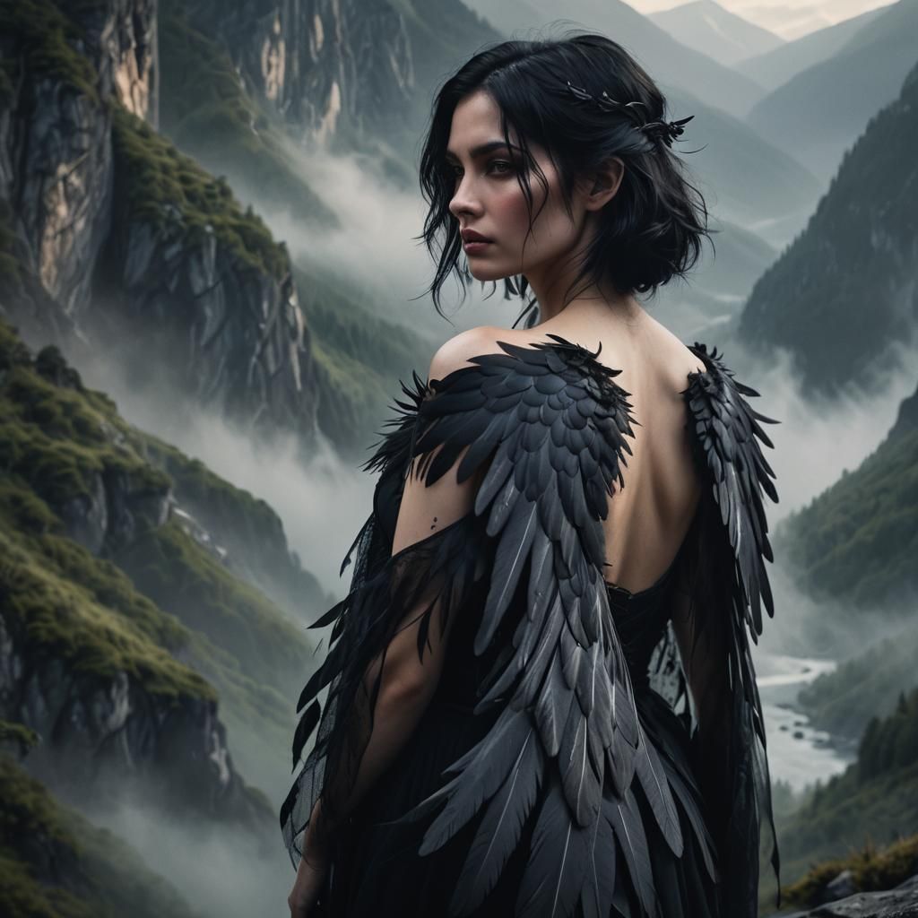 Dark Fantasy Angel in Misty Landscape