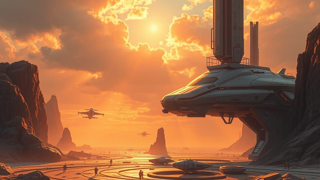 Surrealist Futuristic Airport in Golden Hour Light