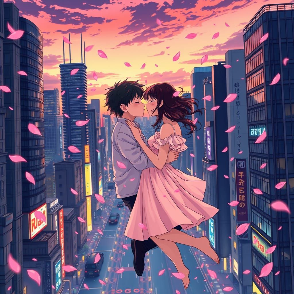 Romantic Tokyo Cityscape in Whimsical Anime Style