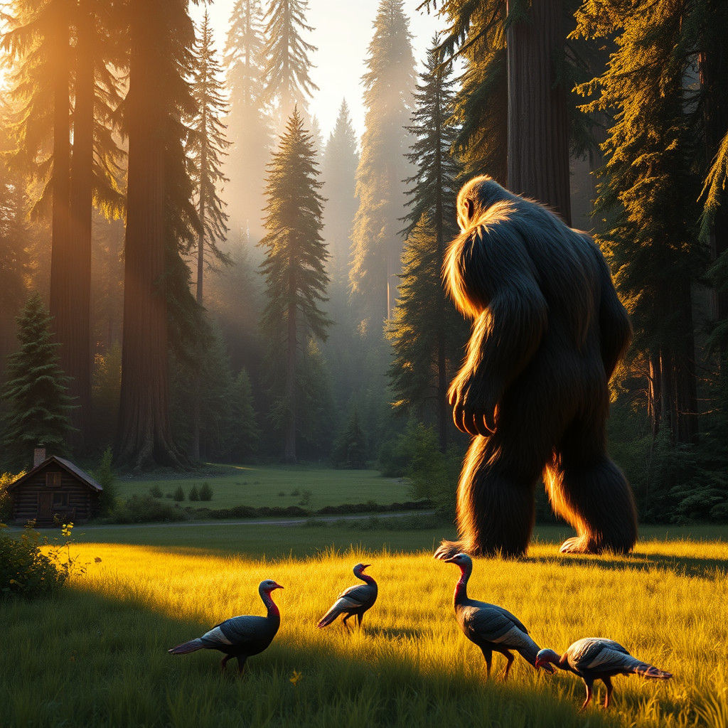 Bigfoot Sentinel Overlooking Redwood Forest Cabin