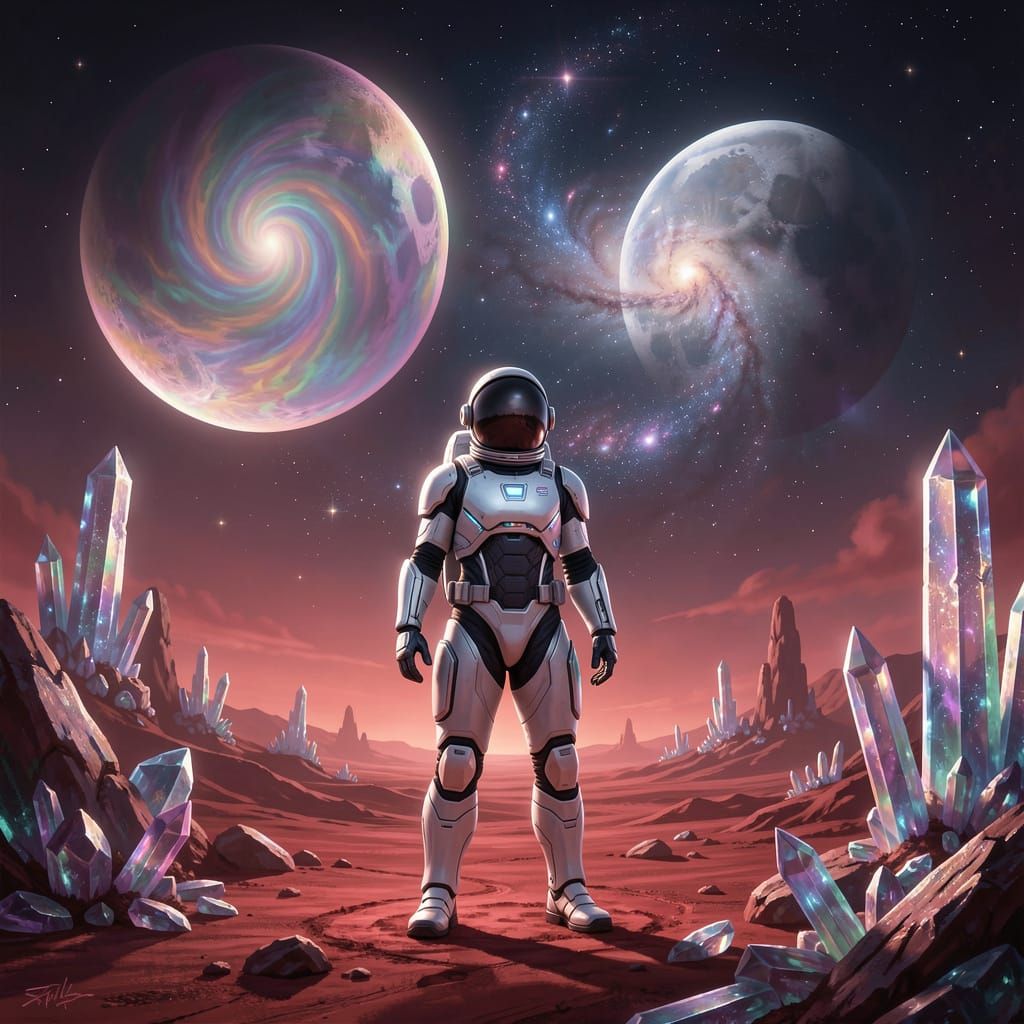 Astronaut Gazes at Alien Sky with Twin Moons