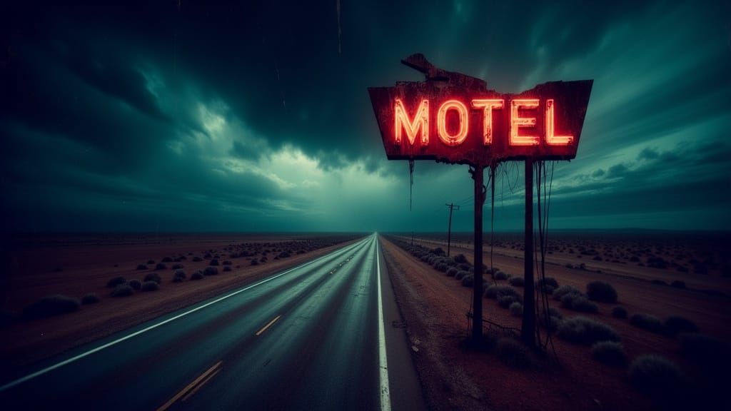 Eerie Motel Sign on a Desolate Highway