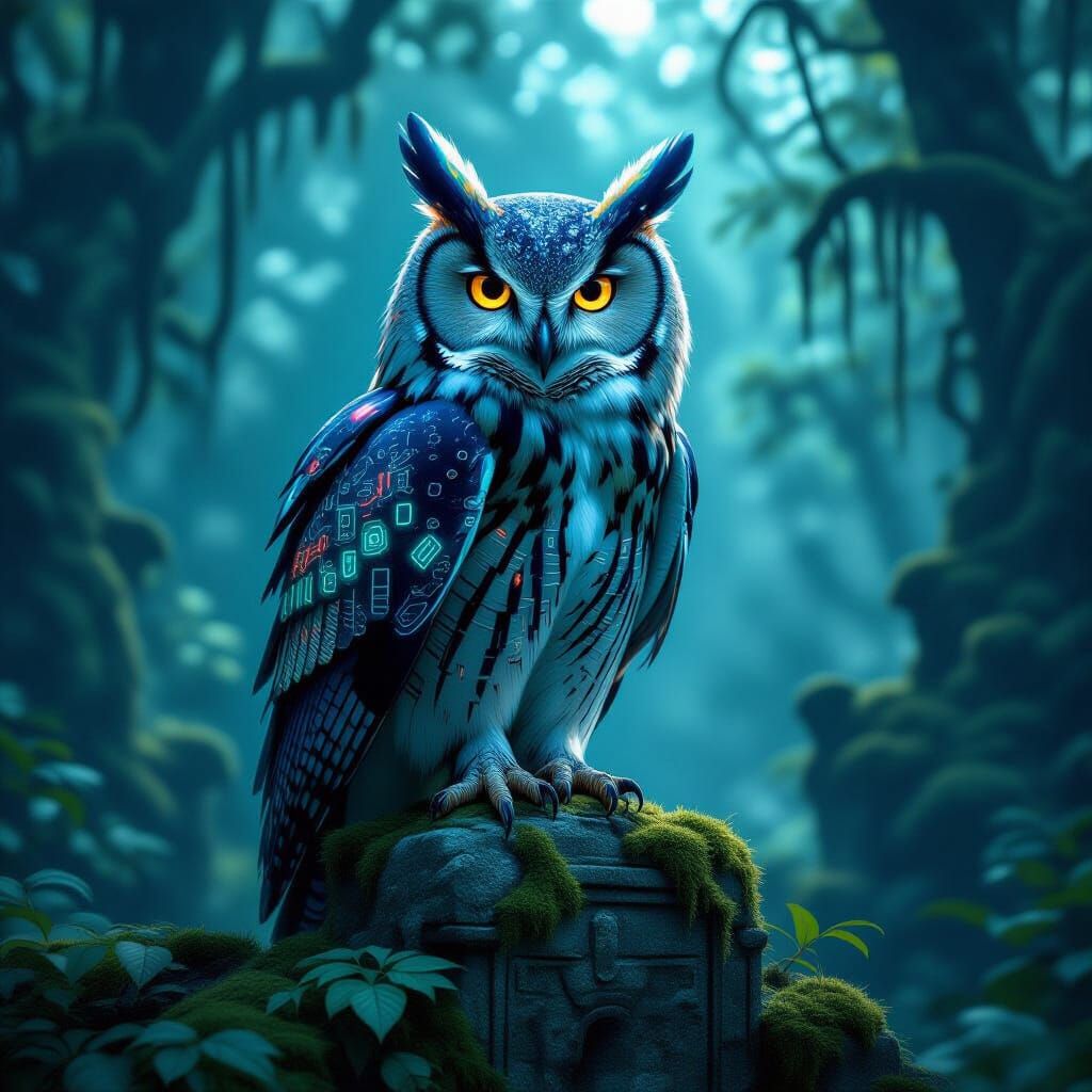 Cybernetic Owl in Misty Forest, Digital Matte Painting Style