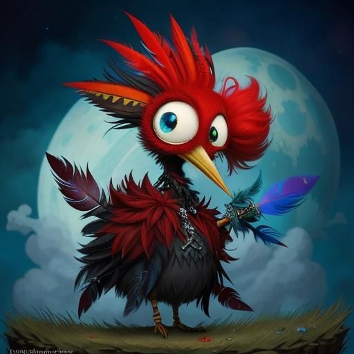 Gothic-Punk Baby Bird in Whimsical Fairytale Scene