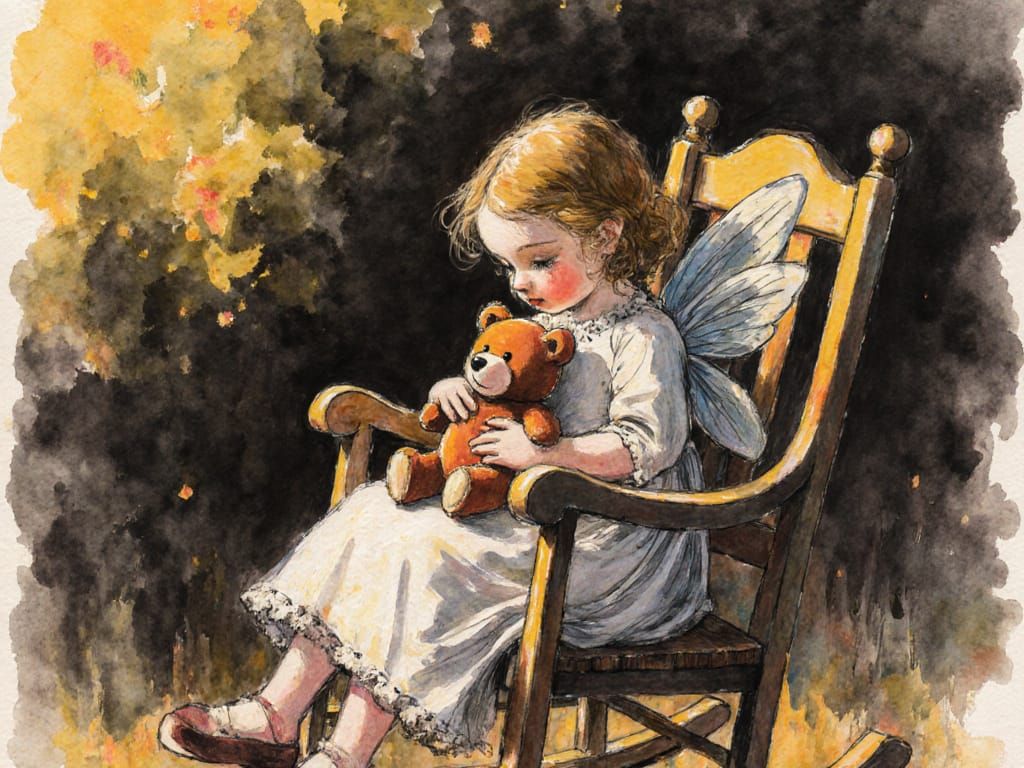 Fairy with Teddy Bear in Golden Hour Rocking Chair