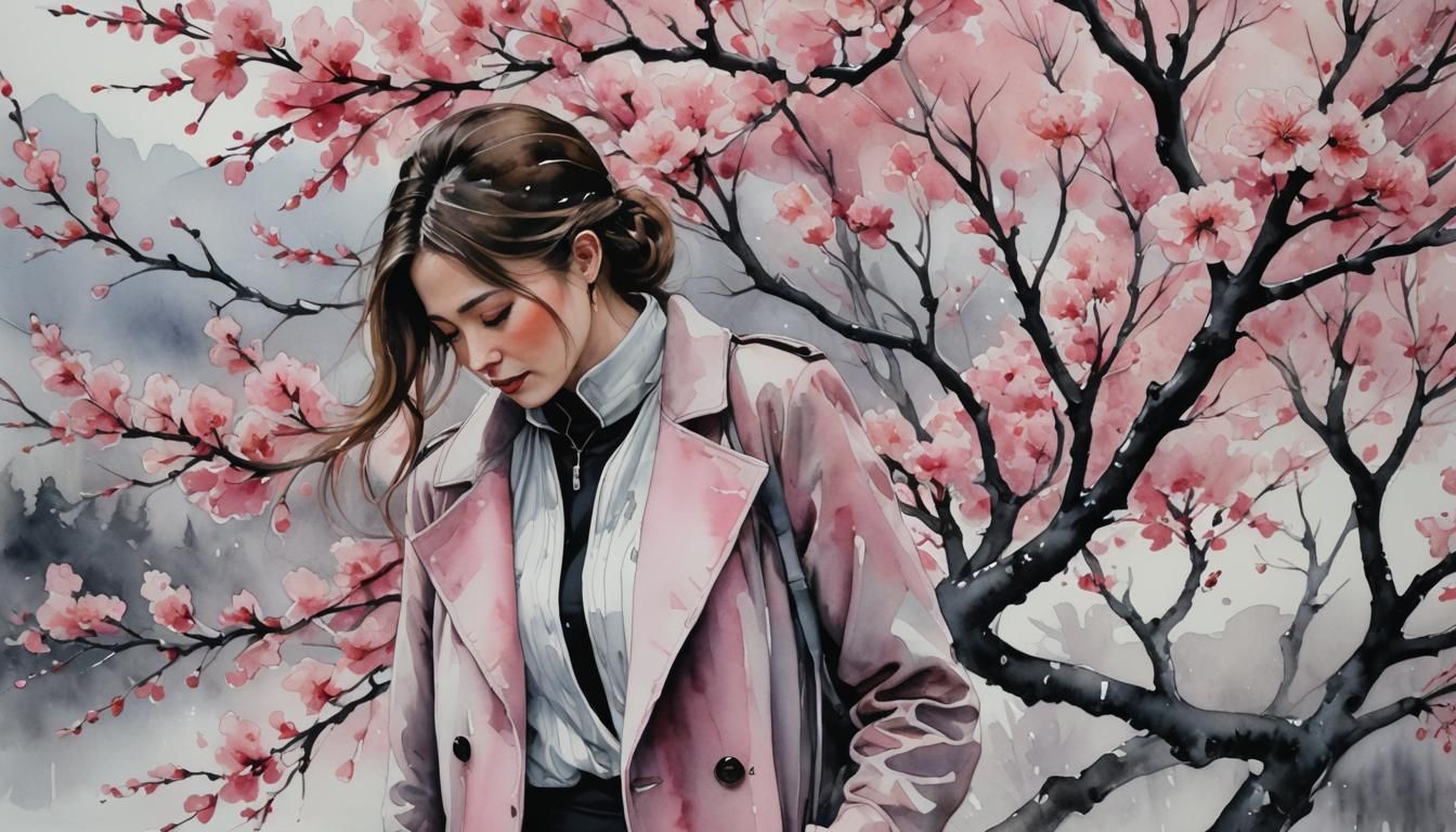 Woman Under Cherry Tree: Watercolor and Ink Painting