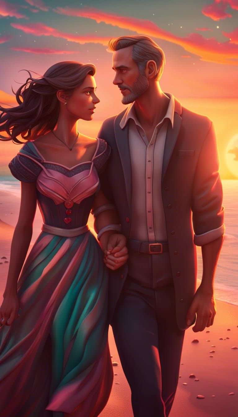 Lovers on Beach at Sunset: 3D Digital Art