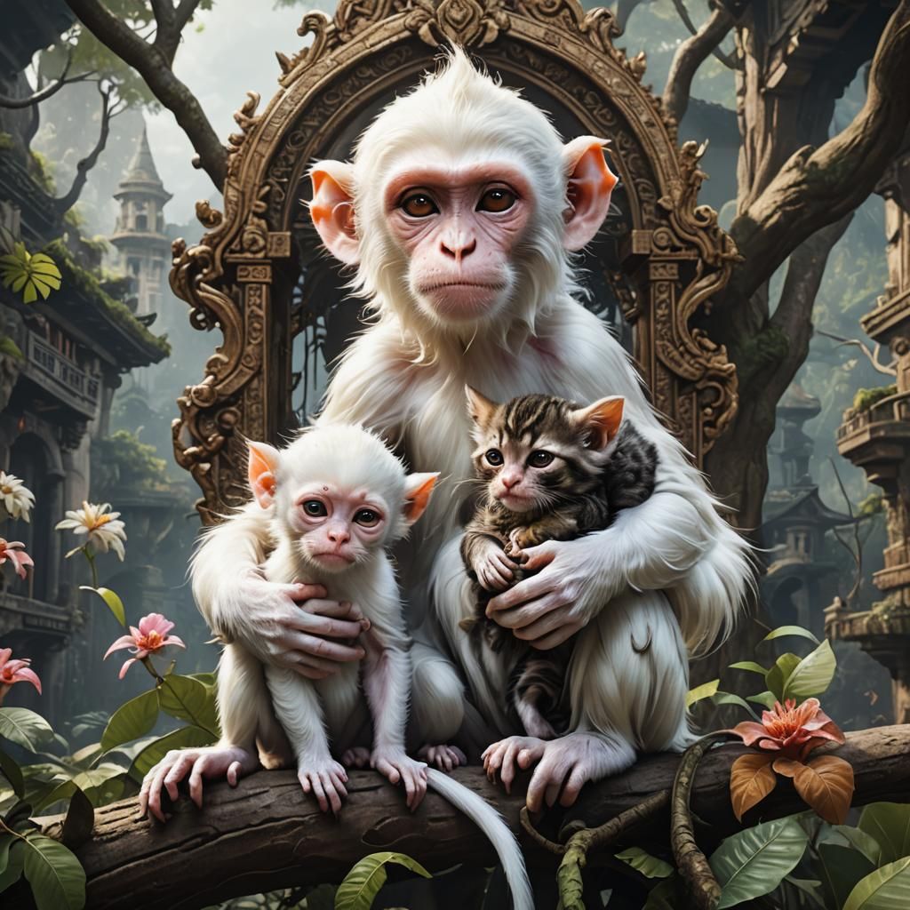 Albino Monkey and Kitten in Detailed Matte Painting