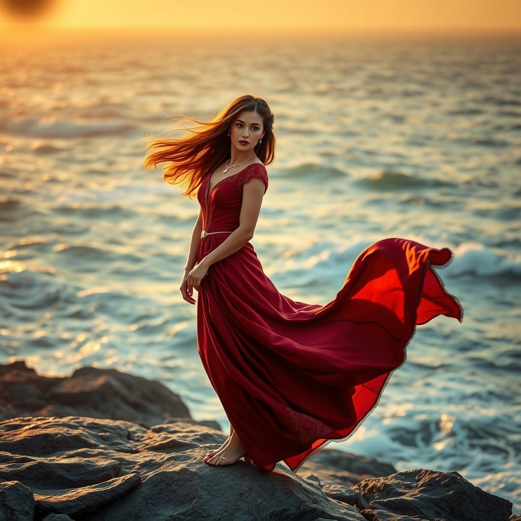 Regal Portuguese Princess in Windswept Coastal Scene