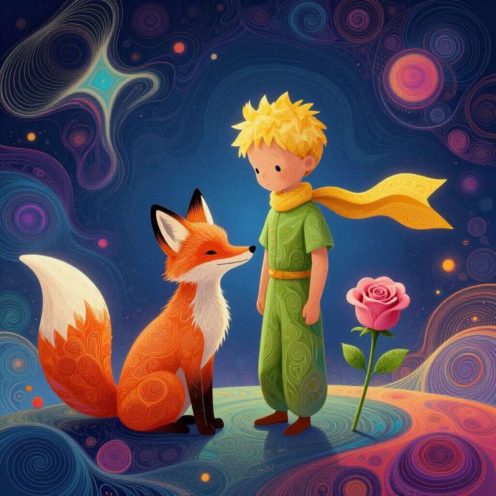 The Little Prince, Fox, and Rose in Abstract Fractal Style
