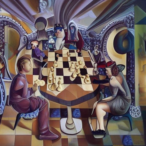 Surreal Chess Game: Abstract Figures on a Fragmented Board