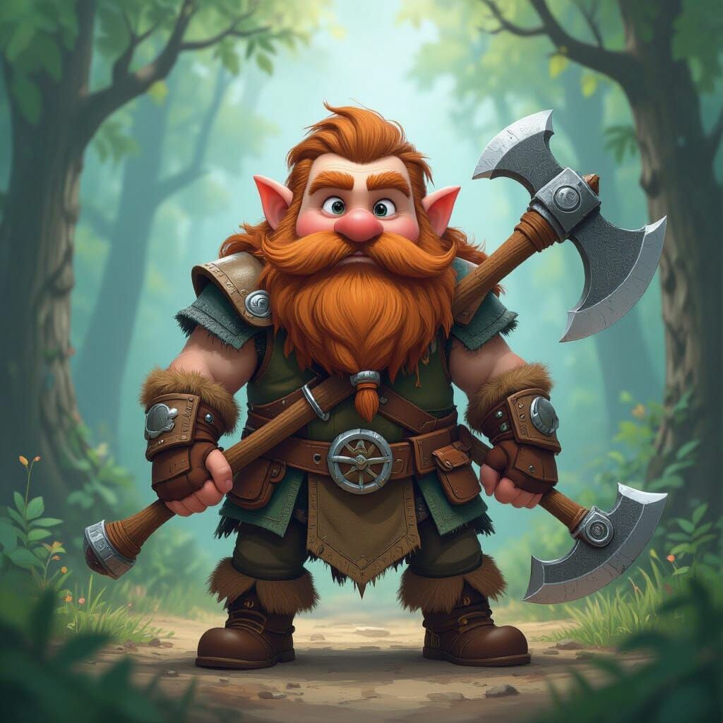 Dwarf Warrior in Mystical Forest, Satin Cartoon Style