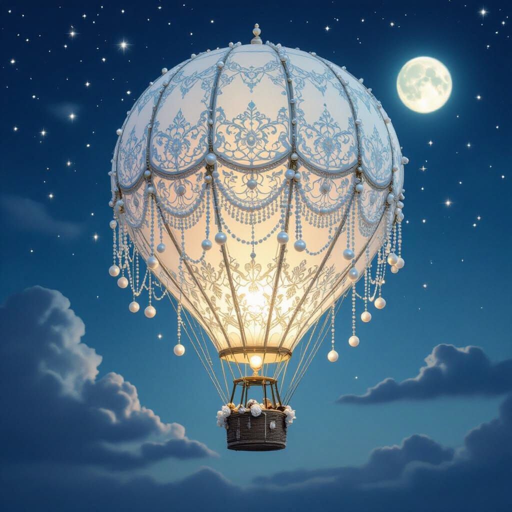 Antique Lace Hot Air Balloon Adorned with Pearls in Twilight...