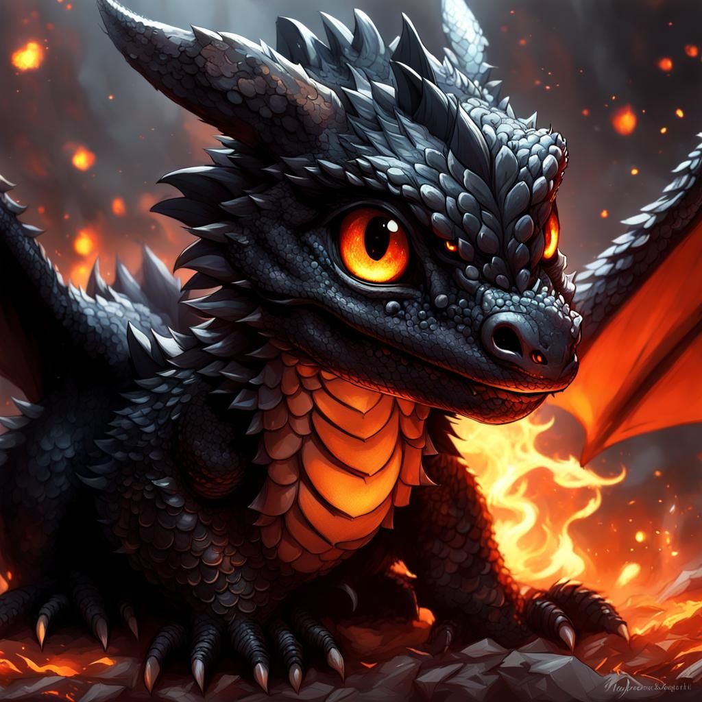 Cute Chibi Dragon with Fire, Detailed Digital Art