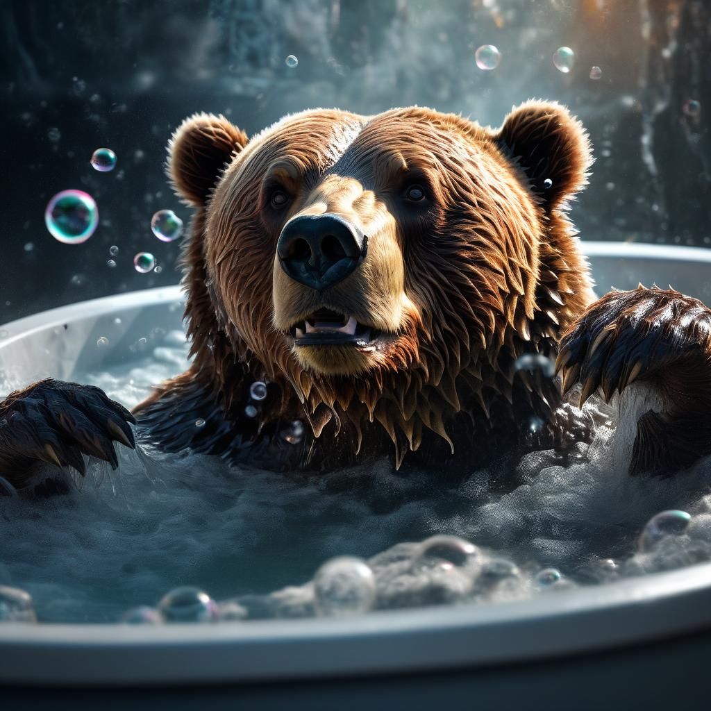Brown Bear in Bubble Bath: Hyper-Realistic Digital Art