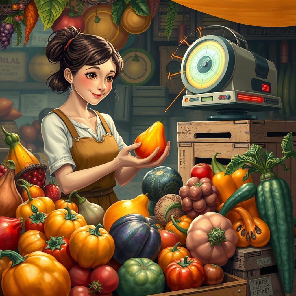 Fantastical Market Scene with Mutated Fruits and Whimsical R...
