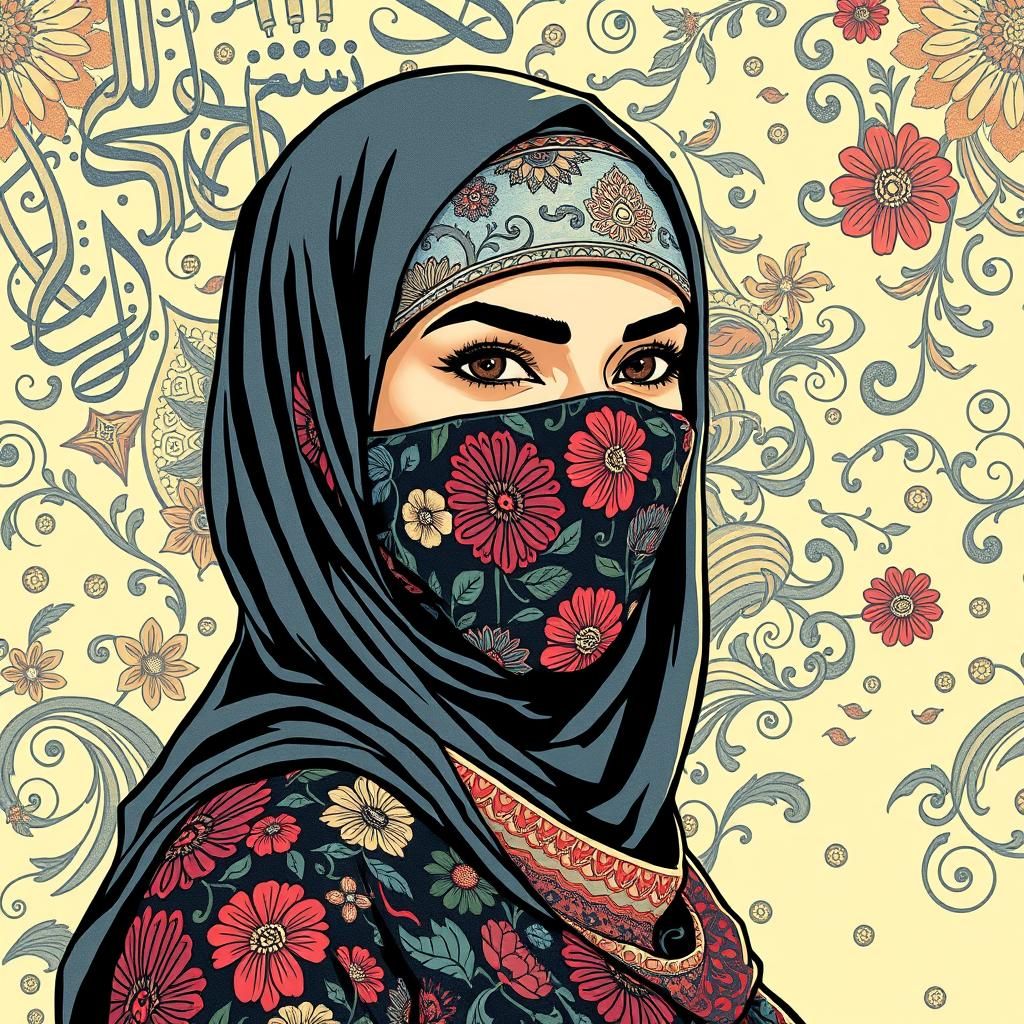 Hijab Woman with Floral Mask in Pen-and-Ink Style