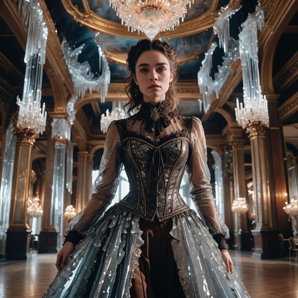 Woman in Crystal Dress in Dark Academia Style