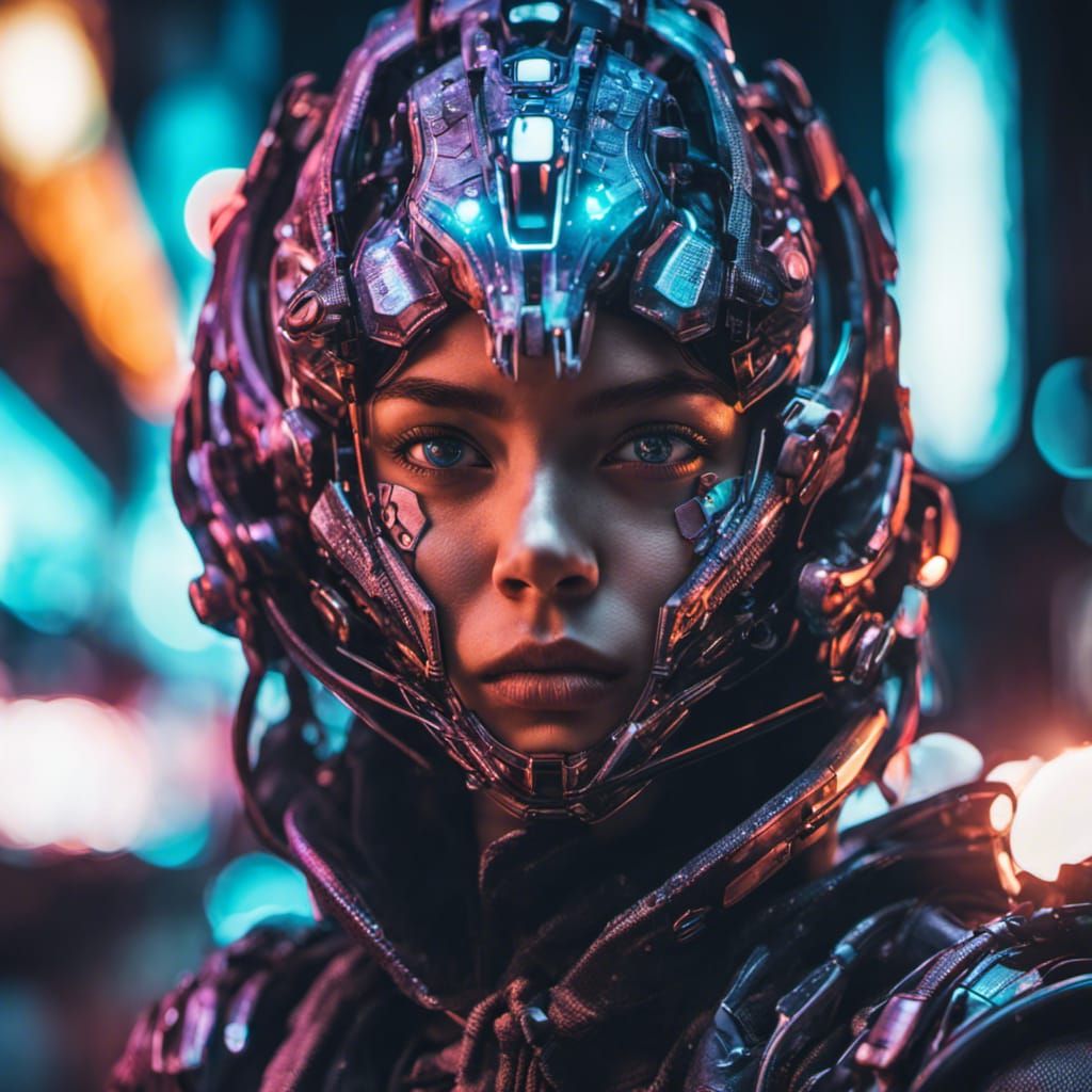 Cyborg Girl Portrait in a Neon Cityscape