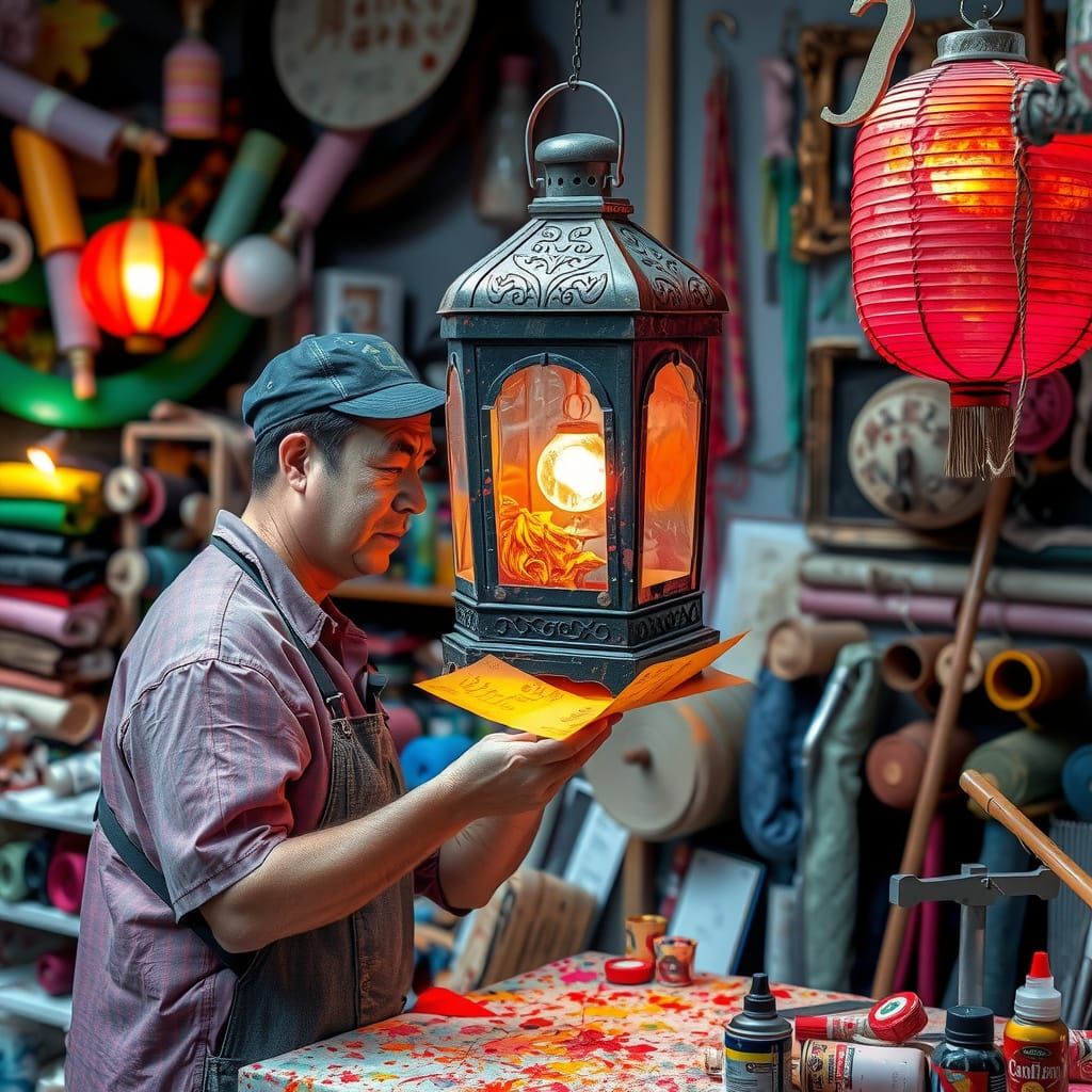 Surreal Lantern Artist in a Colorful Shop