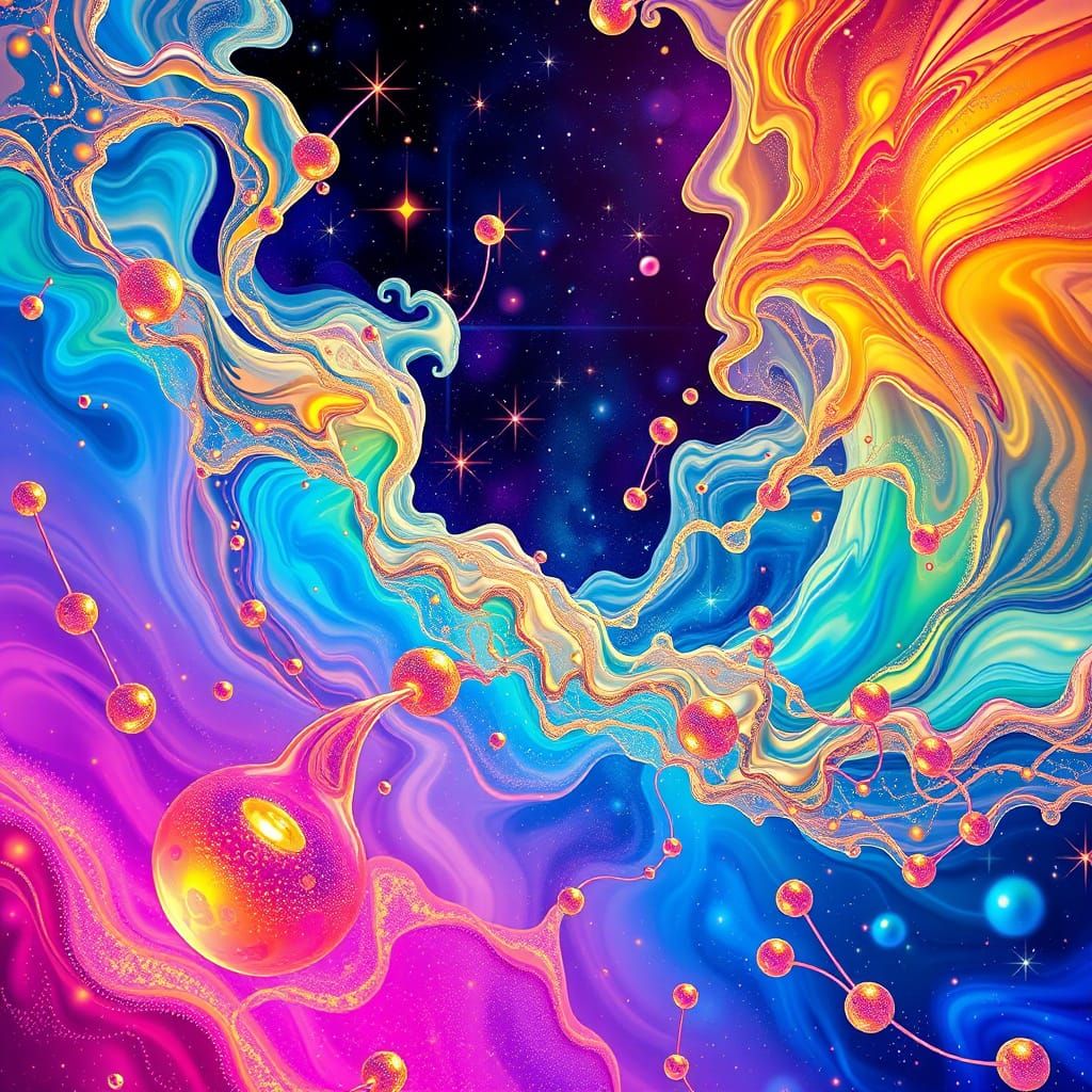 Surrealistic Dreamscape of Iridescent Fluids in Cosmic Art