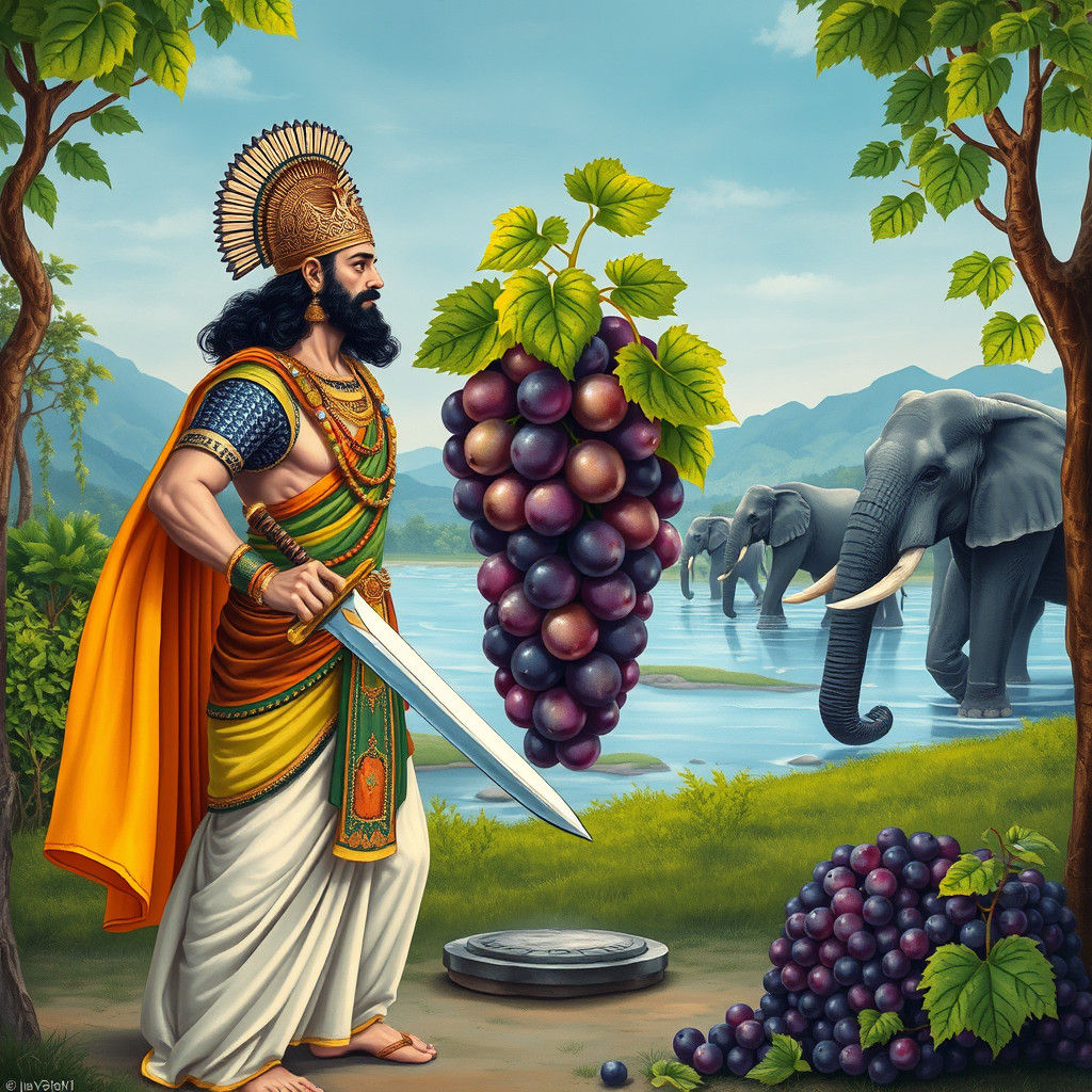 King Purushottam vs Alexander the Grape in Miniature Style